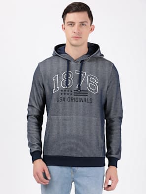 Super Combed Cotton Rich Printed Hoodie Sweatshirt with Ribbed Cuffs and Side Pockets