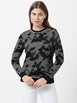 Women's Super Combed Cotton Elastane Stretch French Terry Fabric Printed Sweatshirt with Ribbed Cuffs - Black