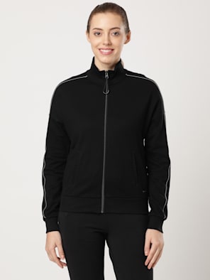 Women's Super Combed Cotton French Terry Drop Shoulder Styled Jacket with Ribbed Cuff and Hem - Black