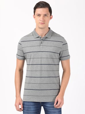 Men's Super Combed Cotton Rich Striped Half Sleeve Polo T-Shirt - Mid grey melange & Night Sky ground