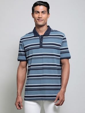Men's Super Combed Cotton Rich Striped Polo T-Shirt - Stellar & Navy Melange