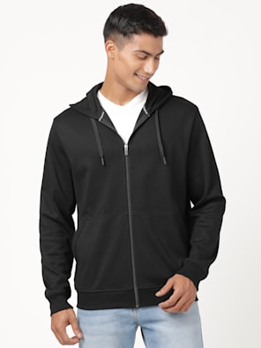 Men's Super Combed Cotton Rich Pique Fabric Ribbed Cuff Hoodie Jacket - Black