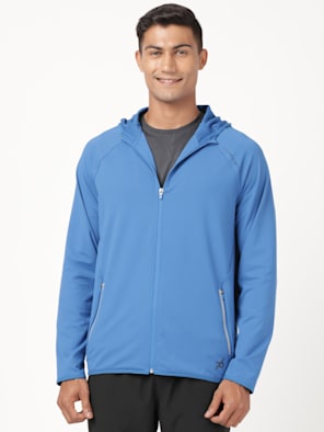 Men's Microfiber Elastane Stretch Solid Performance Hoodie Jacket with Stay Dry Technology - Move Blue