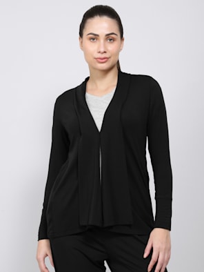 Women's Tencel Lyocell Elastane Stretch Relaxed fit Full Sleeve Shrug with Front Closure Buttons - Black