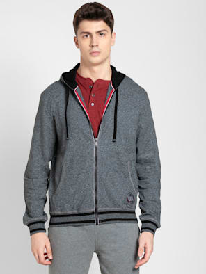 Men's Super Combed Cotton French Terry Hoodie Jacket with Ribbed Cuffs and Convenient Side Pockets - Black Grindle