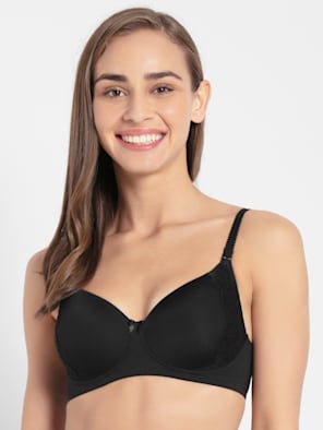 Women's Wirefree Padded Soft Touch Microfiber Nylon Elastane Stretch Full Coverage Lace Styling Multiway T-Shirt Bra with Adjustable Straps - Black