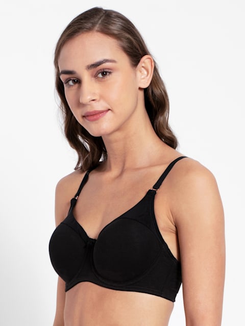 Women's Under-Wired Padded Super Combed Cotton Elastane Stretch Full Coverage T-Shirt Bra with Stylised Mesh Panel - Black