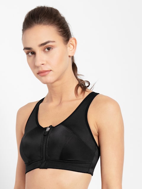 Women's Wirefree Padded Microfiber Elastane Stretch Full Coverage Racer Back Front Zipper Styling Sports Bra with Stay Fresh and Stay Dry Treatment - Black