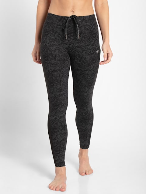 Women's Super Combed Cotton Elastane Stretch Yoga Pants with Side Zipper Pockets - Black Printed