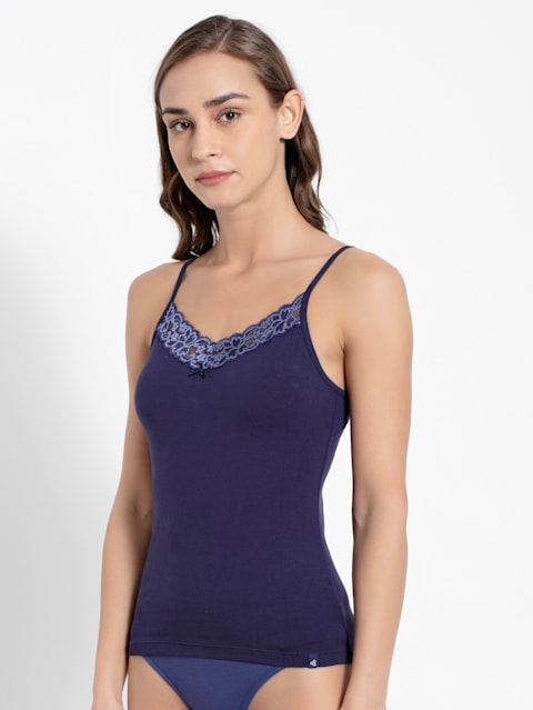 Women's Super Combed Cotton Elastane Stretch Lace Neckline Styled Camisole with Adjustable Straps - Classic Navy