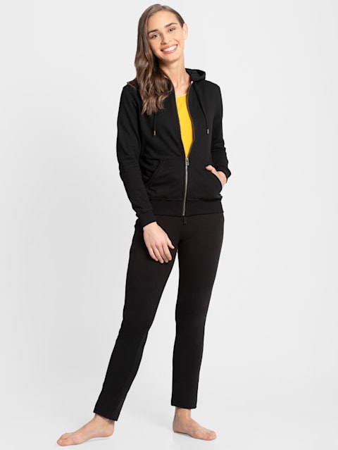 Women's Super Combed Cotton French Terry Fabric Hoodie Jacket with Side Pockets - Black