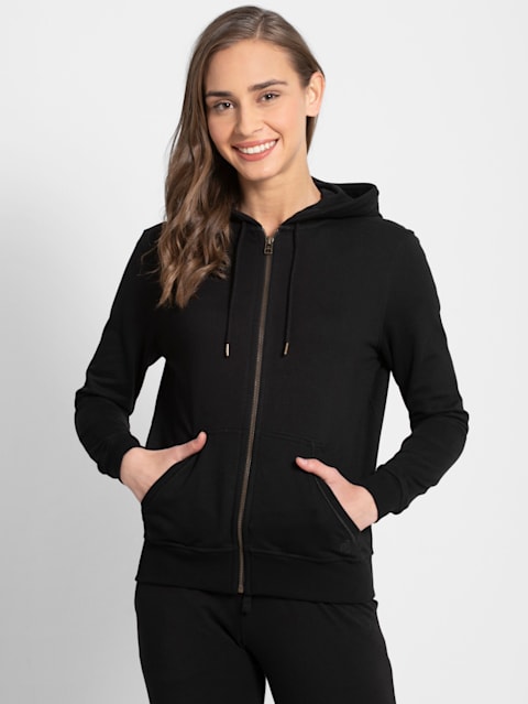 Women's Super Combed Cotton French Terry Fabric Hoodie Jacket with Side Pockets - Black