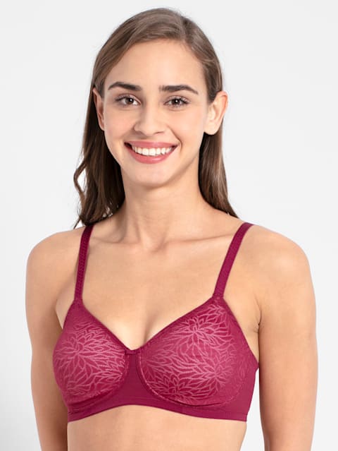 Women's Wirefree Non Padded Soft Touch Breathable Spacer Fabric Full Coverage Lace Styling Everyday Bra with Adjustable Straps - Pink Wine