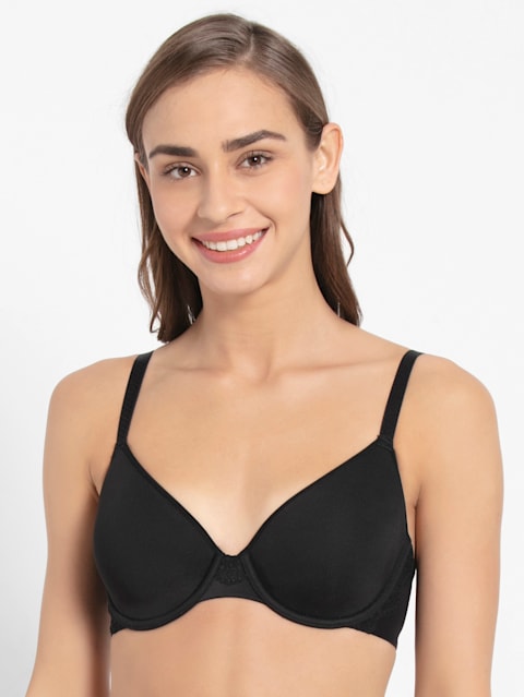 Women's Under-Wired Padded Polyester Elastane Stretch Full Coverage T-Shirt Bra with Breathable Spacer Cup and Adjustable Straps - Black