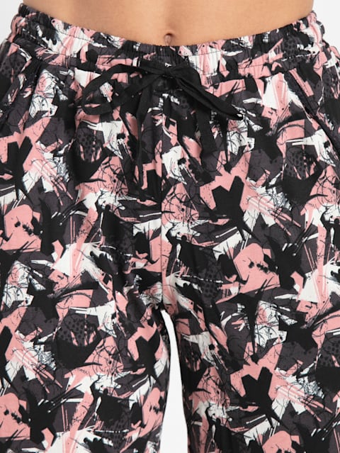 Women's Micro Modal Cotton Relaxed Fit Printed Pyjama with Lace Trim on Pockets - Black Assorted Prints