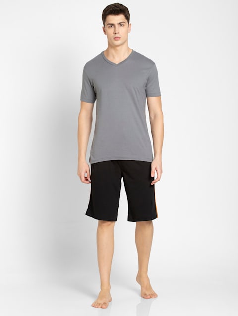 Men's Super Combed Cotton Rich Regular Fit Solid Shorts with Side Pockets - Black & Golden Poppy