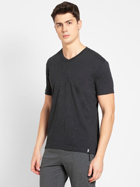 Men's Super Combed Cotton Rich Solid V Neck Half Sleeve T-Shirt - Black Melange