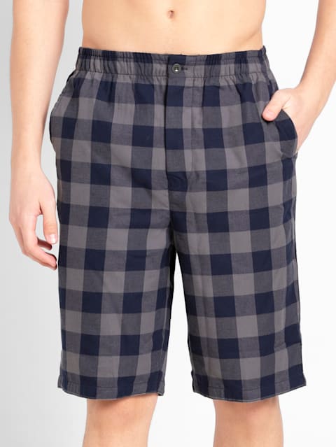 Men's Super Combed Mercerized Cotton Woven Fabric Regular Fit Checkered Bermuda with Side Pockets - Charcoal & Navy