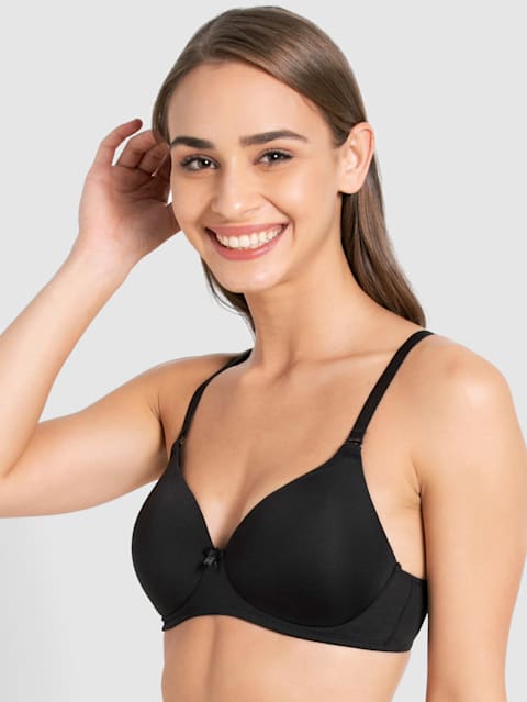 Women's Wirefree Padded Microfiber Nylon Elastane Stretch Full Coverage Multiway Styling T-Shirt Bra with Magic Under Cup - Black