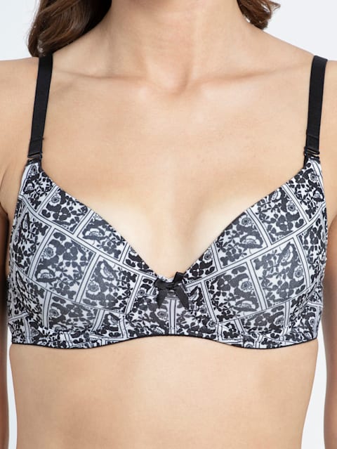 Women's Under-Wired Padded Super Combed Cotton Elastane Stretch Medium Coverage Multiway Styling Printed T-Shirt Bra with Detachable Straps - Black