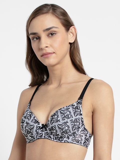 Women's Under-Wired Padded Super Combed Cotton Elastane Stretch Medium Coverage Multiway Styling Printed T-Shirt Bra with Detachable Straps - Black