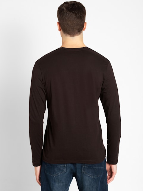 Men's Super Combed Cotton Rich Solid Round Neck Full Sleeve T-Shirt - Brown