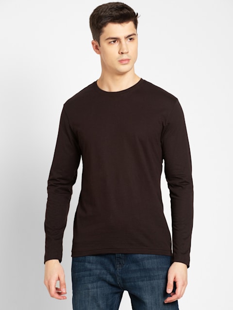 Men's Super Combed Cotton Rich Solid Round Neck Full Sleeve T-Shirt - Brown