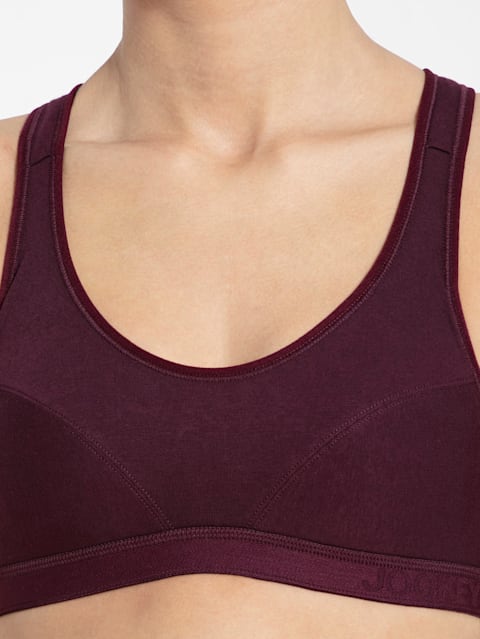 Women's Wirefree Padded Super Combed Cotton Elastane Stretch Full Coverage Racer Back Active Bra with Stay Fresh and Moisture Move Treatment - Wine Tasting