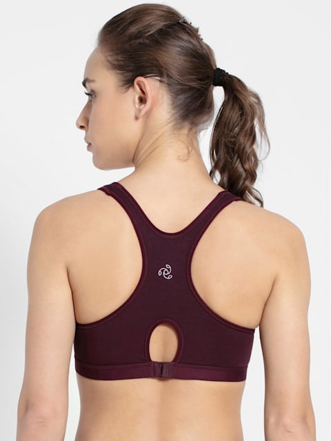 Women's Wirefree Padded Super Combed Cotton Elastane Stretch Full Coverage Racer Back Active Bra with Stay Fresh and Moisture Move Treatment - Wine Tasting