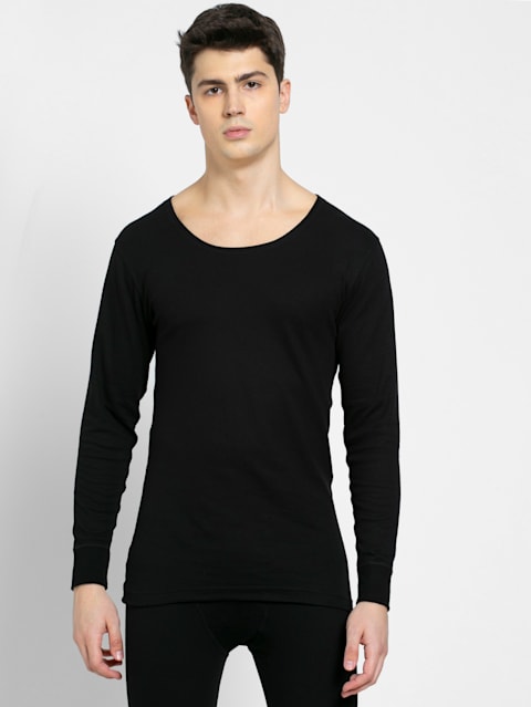 Men's Super Combed Cotton Rich Full Sleeve Thermal Undershirt with Stay Warm Technology - Black