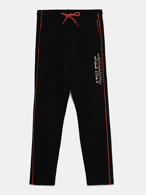 Boy's Super Combed Cotton Rich Graphic Printed Trackpants with Piping Design and Side Pockets - Black