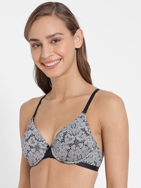 Women's Under-Wired Padded Soft Touch Microfiber Nylon Elastane Stretch Full Coverage Lace Styling Multiway Printed T-Shirt Bra with Adjustable Straps - Black