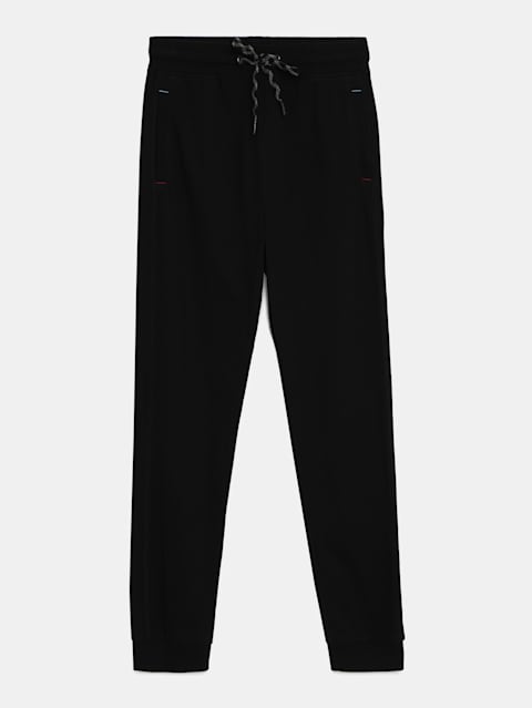Boy's Super Combed Cotton Rich Solid Joggers with Side Pockets and Ribbed Cuff Hem - Black Printed