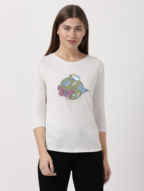 Women's Micro Modal Cotton Relaxed Fit Graphic Printed Round Neck Three Quarter Sleeve T-Shirt - Ecru Melange