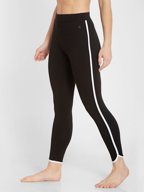 Women's Super Combed Cotton Elastane Stretch Leggings with Coin Pocket and Contrast Side Piping - Black