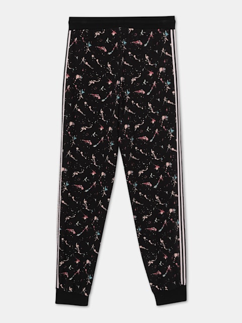 Girl's Super Combed Cotton French Terry Fabric Printed Slim Fit Joggers with Side Pockets - Black Printed
