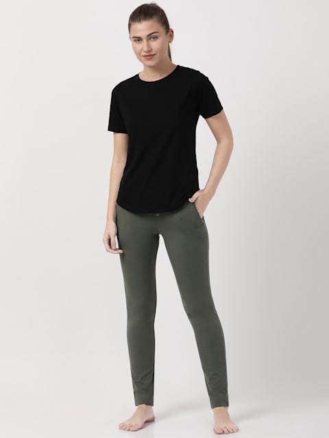 Women's Super Combed Cotton Elastane Stretch Slim Fit Trackpants With Side Pockets - Beetle