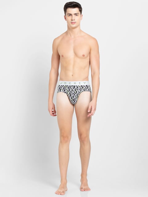 Men's Super Combed Cotton Elastane Stretch Printed Brief with Ultrasoft Waistband - Black & White