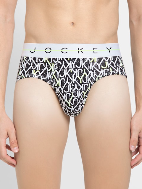 Men's Super Combed Cotton Elastane Stretch Printed Brief with Ultrasoft Waistband - Black & White