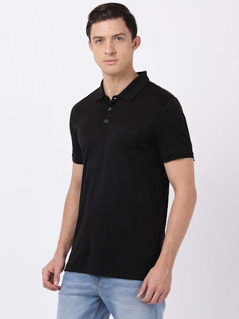 Men's Super Combed Cotton Rich Solid Half Sleeve Polo T-Shirt with Chest Pocket - Black