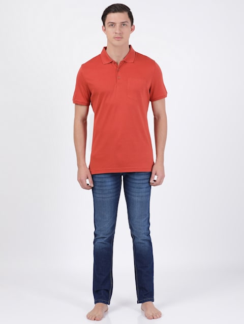 Men's Super Combed Cotton Rich Solid Half Sleeve Polo T-Shirt with Chest Pocket - Cinnabar