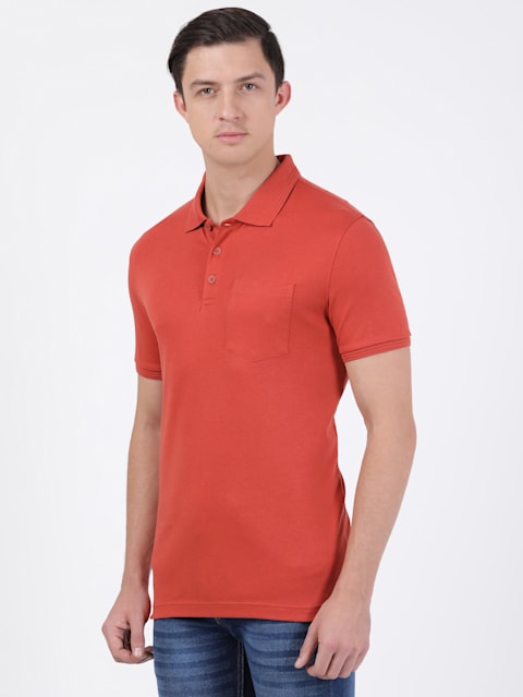 Men's Super Combed Cotton Rich Solid Half Sleeve Polo T-Shirt with Chest Pocket - Cinnabar