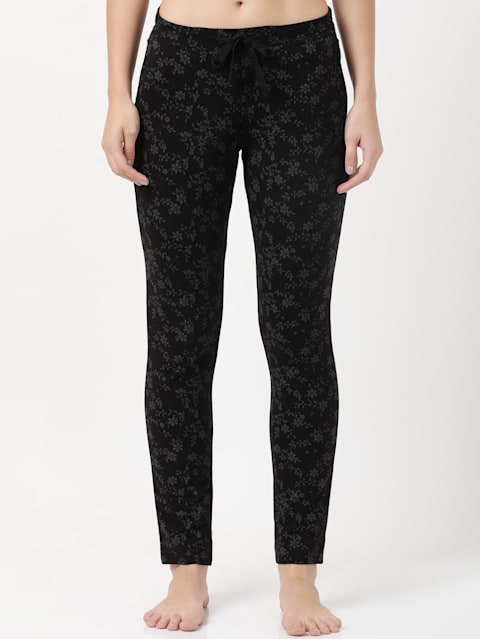 Women's Super Combed Cotton Elastane Stretch Slim Fit Trackpants With Side Pockets - Black Printed