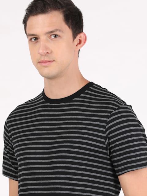 Men's Super Combed Cotton Rich Striped Round Neck Half Sleeve T-Shirt - Black & Charcoal Melange