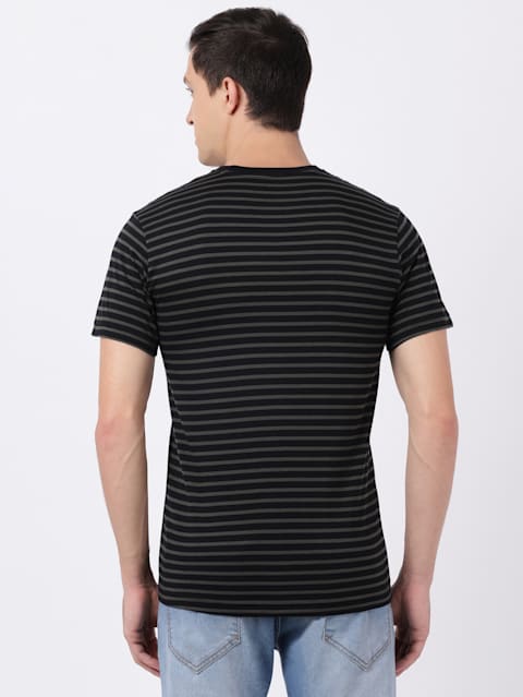 Men's Super Combed Cotton Rich Striped Round Neck Half Sleeve T-Shirt - Black & Deep Olive