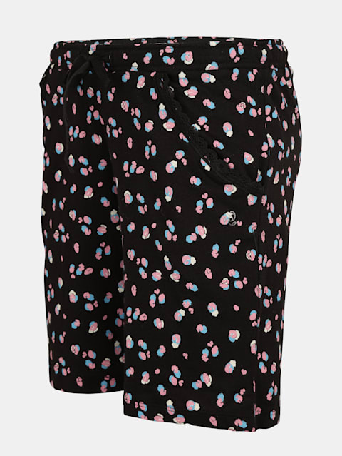 Girl's Super Combed Cotton Relaxed Fit Printed Shorts with Side Pockets - Black Printed