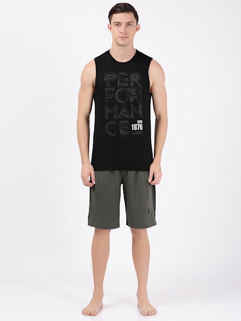 Men's Super Combed Cotton Rich Graphic Printed Round Neck Muscle Tee - Black Printed