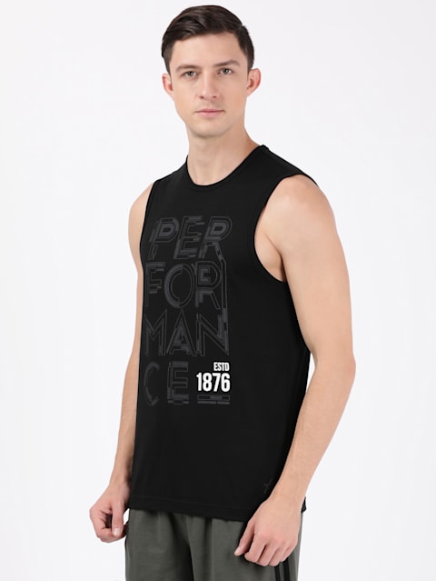 Men's Super Combed Cotton Rich Graphic Printed Round Neck Muscle Tee - Black Printed
