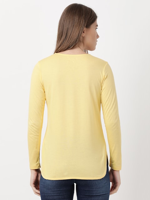 Women's Micro Modal Cotton Relaxed Fit Solid Round Neck Full Sleeve T-Shirt - Banana Cream