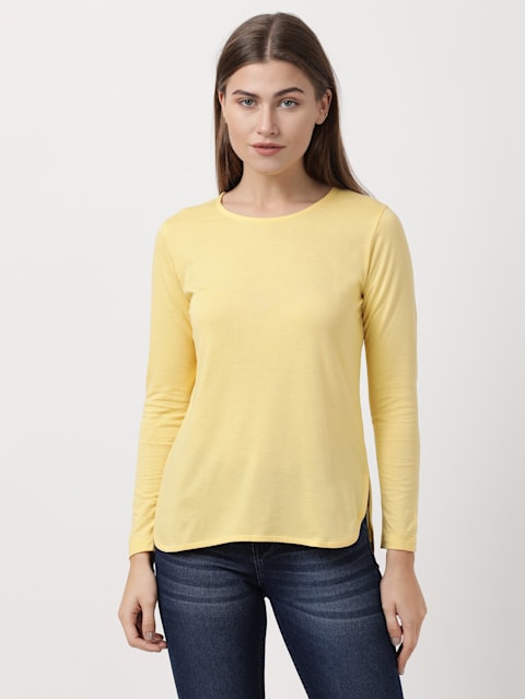 Women's Micro Modal Cotton Relaxed Fit Solid Round Neck Full Sleeve T-Shirt - Banana Cream